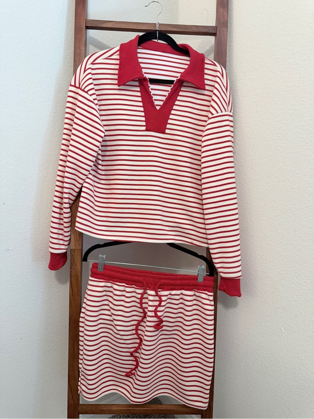 Striped Red and White Long Sleeve Polo Top and Knit Skirt Set Size L NWOT
